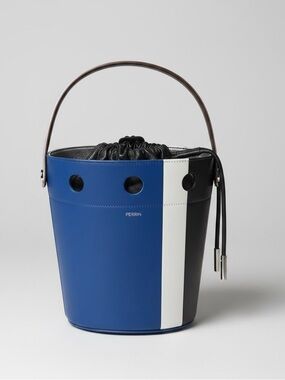 RARE NWT PERRIN LEATHER COLOR BLOCK  BUCKET BAG IN BLUE/BLACK/WHITE